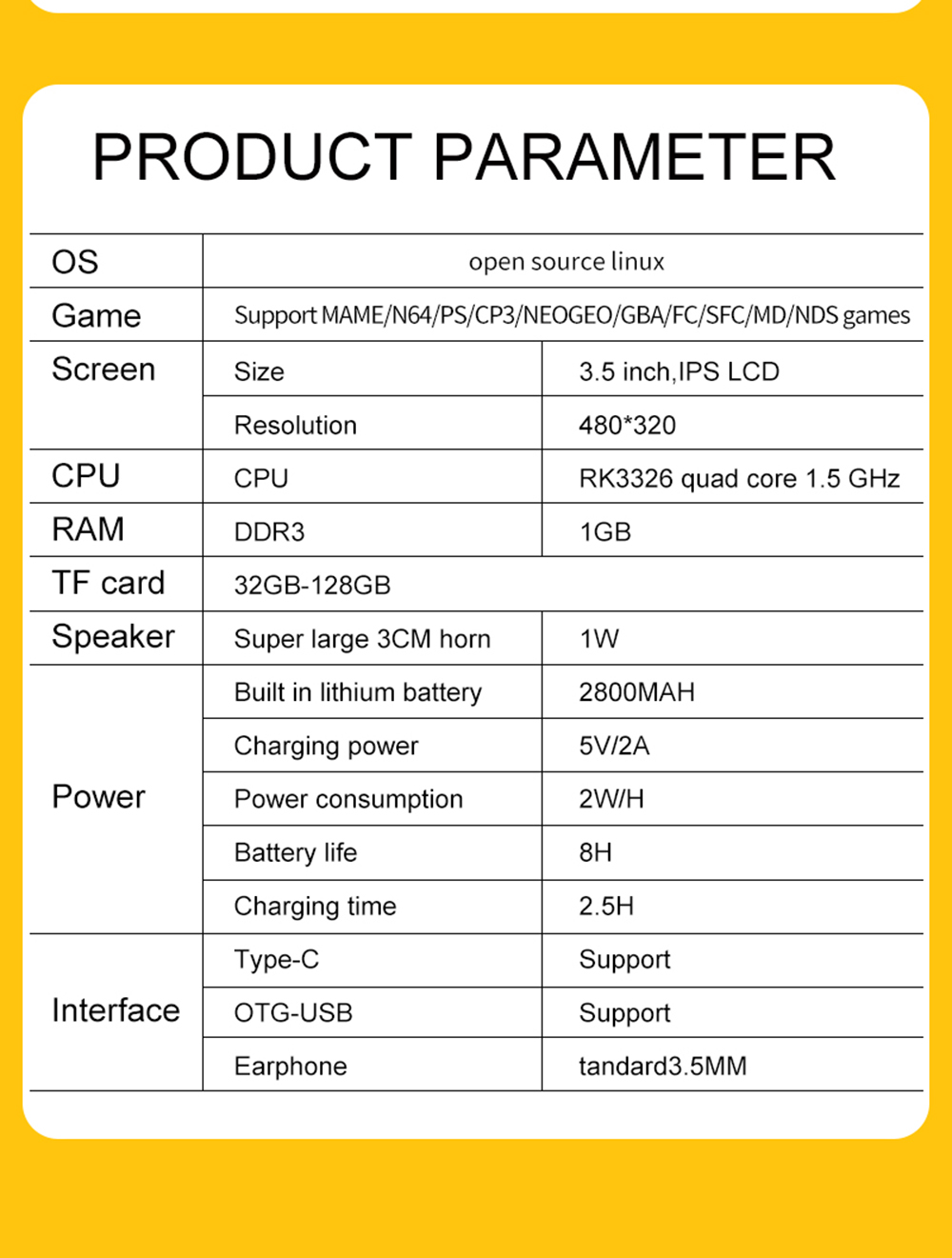 POWKIDDY-RGB10 Game Console Handheld 32G Open Source System RK3326 Chip 3.5-inch IPS HD Screen 3D Seesaw Retro Game Children Gift - Bright Yellow POWKIDDY-RGB10 Game Console Handheld 32G Open Source System RK3326 Chip 3.5-inch IPS HD Screen 3D Seesaw Retro Game Children Gift - Bright Yellow