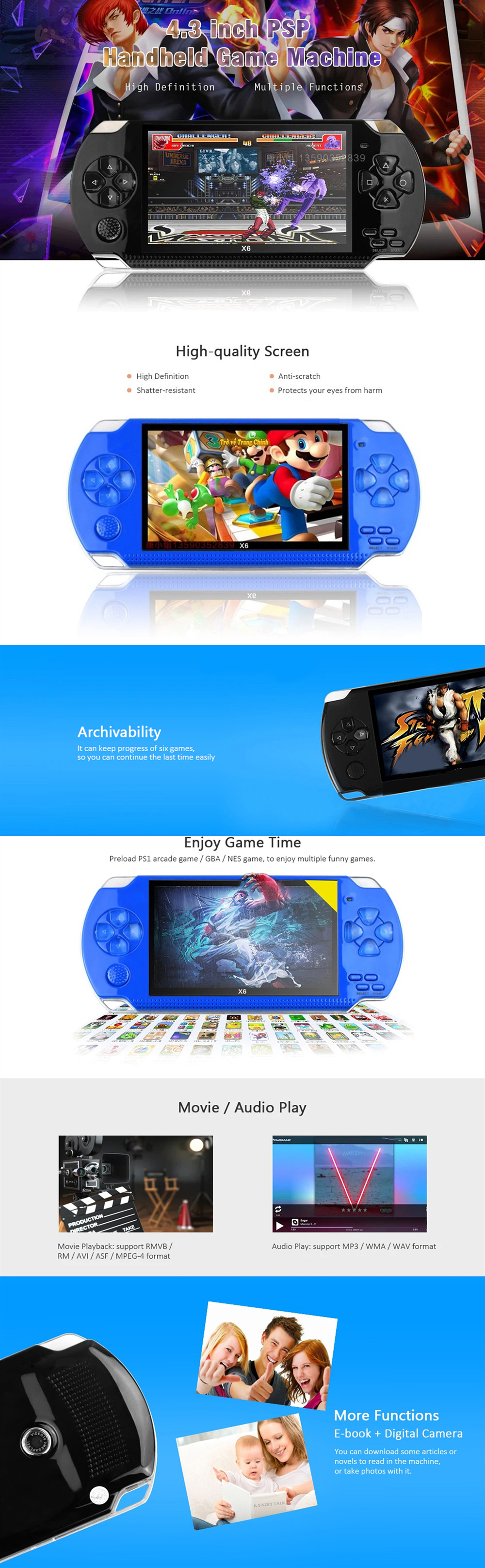 X6 PSP High Definition Handheld Game Machine 4.3 inch - Blue X6 PSP High Definition Handheld Game Machine 4.3 inch - Blue