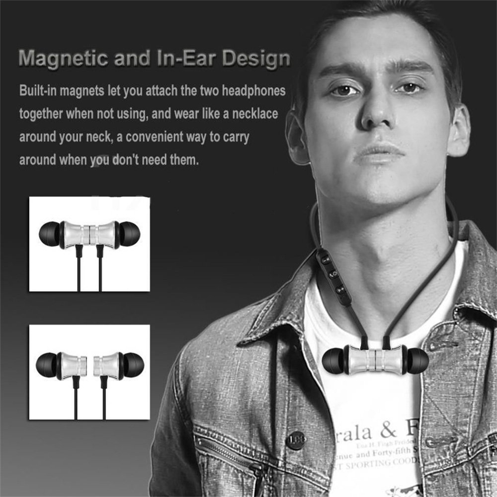 Magnetic Bluetooth 4.2 in-Ear Headset Hands-Free Earphone Sport Earbuds- Silver