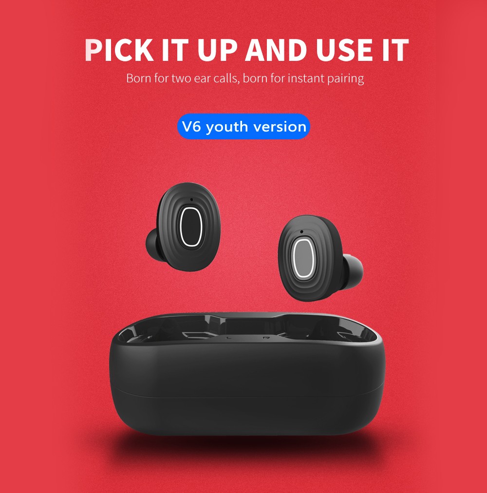 V6 TWS Bluetooth 5.0 Binaural Call Earphones Hi-Fi Sound CVC6.0 Noise Reduction Sports Headset - Black