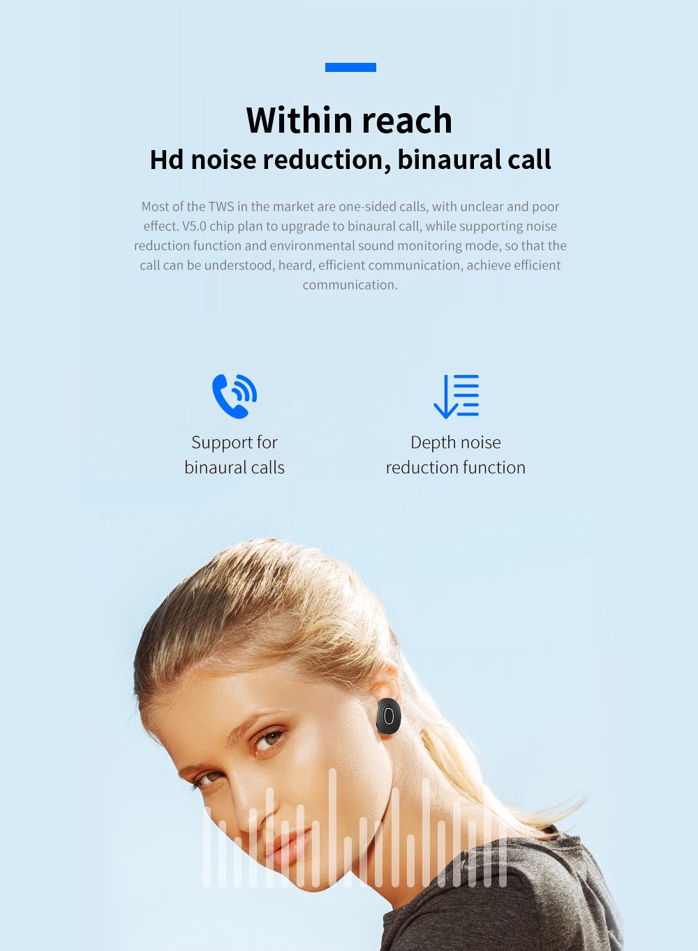 V6 TWS Bluetooth 5.0 Binaural Call Earphones Hi-Fi Sound CVC6.0 Noise Reduction Sports Headset - Black