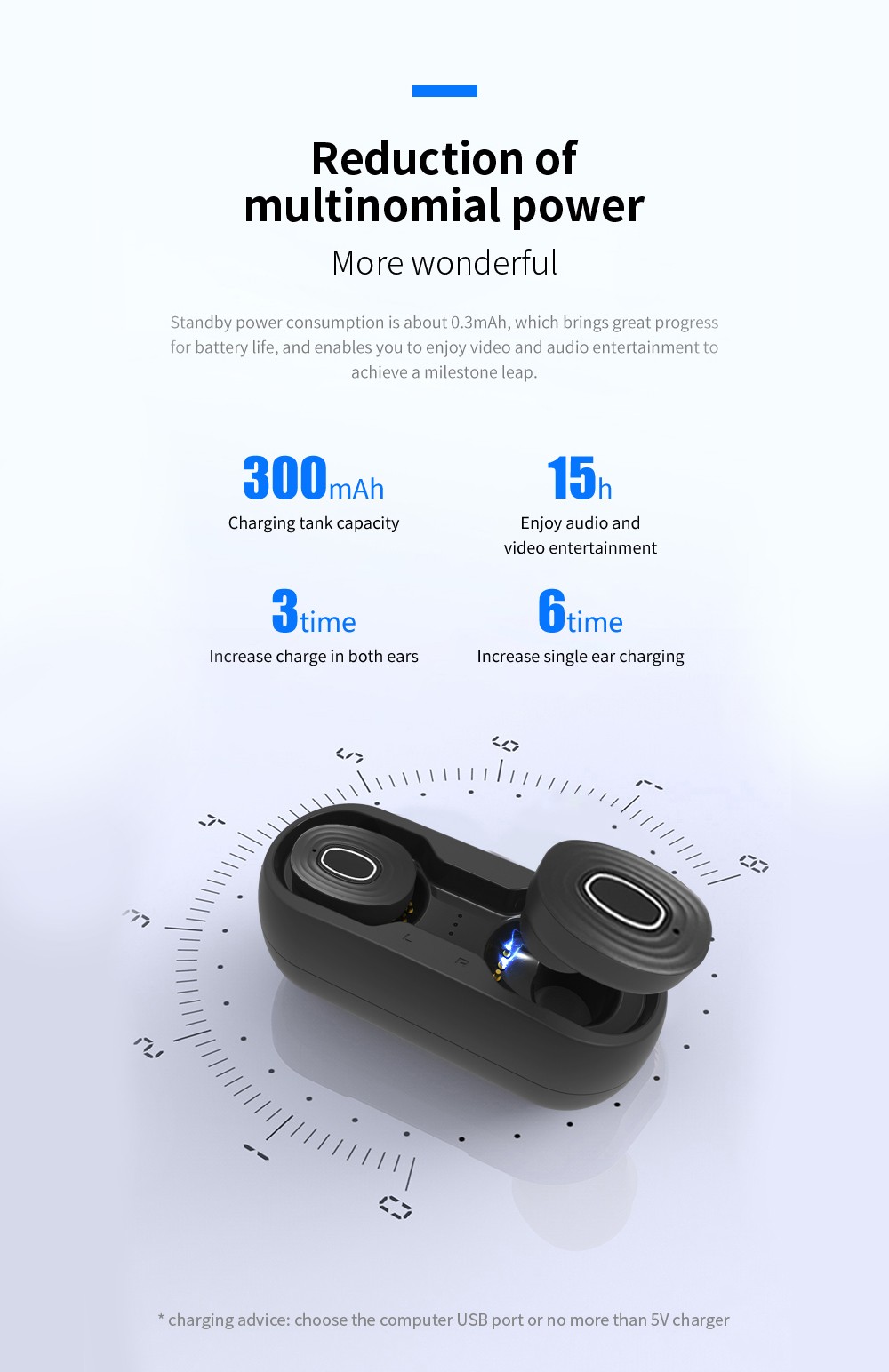 V6 TWS Bluetooth 5.0 Binaural Call Earphones Hi-Fi Sound CVC6.0 Noise Reduction Sports Headset - Black