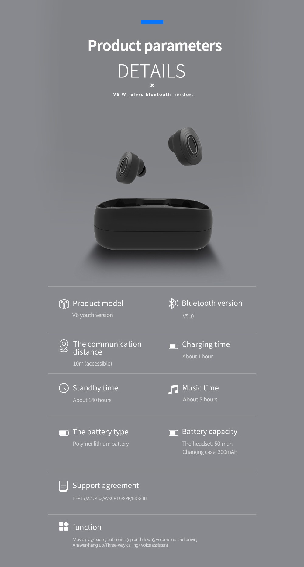 V6 TWS Bluetooth 5.0 Binaural Call Earphones Hi-Fi Sound CVC6.0 Noise Reduction Sports Headset - Black