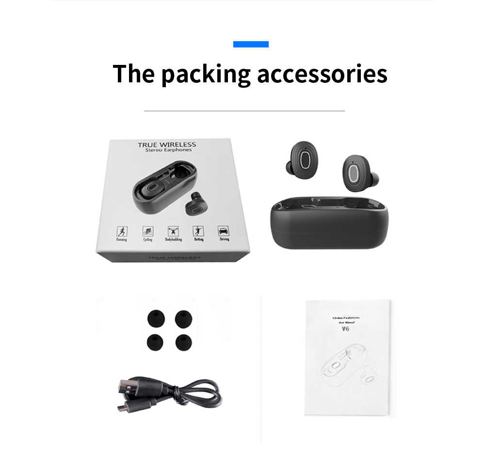 V6 TWS Bluetooth 5.0 Binaural Call Earphones Hi-Fi Sound CVC6.0 Noise Reduction Sports Headset - Black
