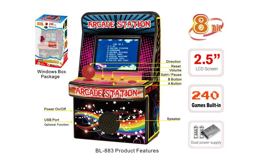 BL-883 8 Bit Mini Arcade Game Station Classic Portable Game Player Built in 240 Games 2.5 inch Screen Children Tiny Toys with Speaker - Black